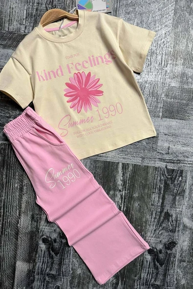 Kız Çocuk Üzeri Papatya Detaylı Ve Feeling Baskılı T-shirt Pembe Salaş Pantolon Alt Üst Takım - 4