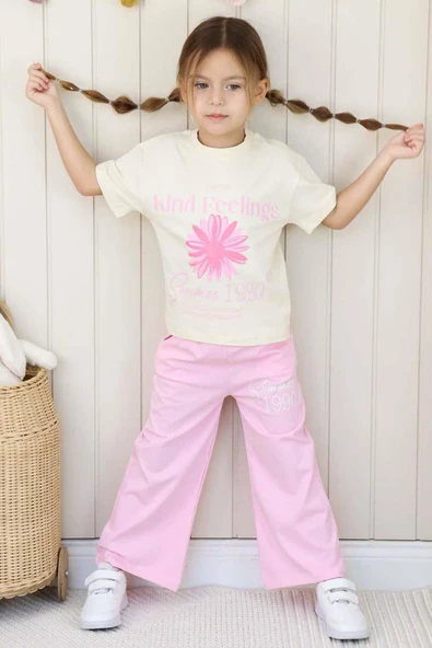 Kız Çocuk Üzeri Papatya Detaylı Ve Feeling Baskılı T-shirt Pembe Salaş Pantolon Alt Üst Takım - 2