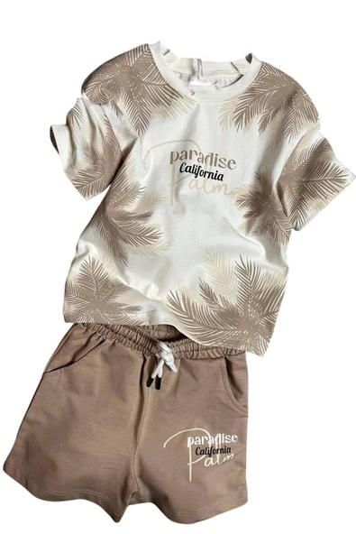 Erkek Çocuk Üzeri Palmiye Detaylı Ve Paradise California Baskılı T-shirt Bej Şortlu Takım ürün görseli