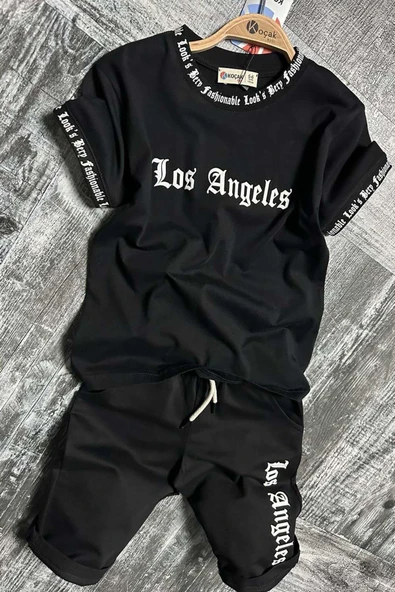 Erkek Çocuk Yakası ve Kol Uçlarında Yazı Detaylı LA Siyah Şortlu Takım - Resim 3