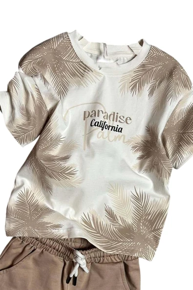 Erkek Çocuk Üzeri Palmiye Detaylı Ve Paradise California Baskılı T-shirt Bej Şortlu Takım - Resim 2