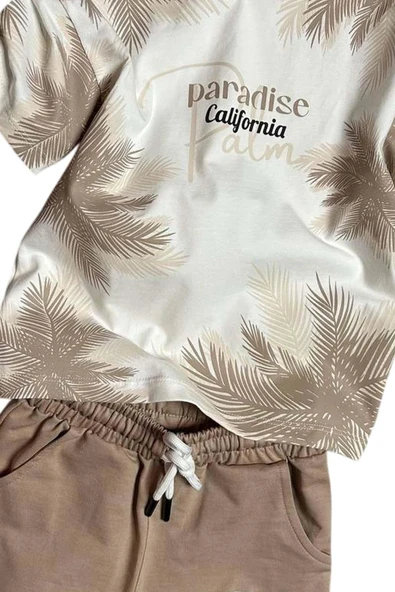 Erkek Çocuk Üzeri Palmiye Detaylı Ve Paradise California Baskılı T-shirt Bej Şortlu Takım - Resim 4