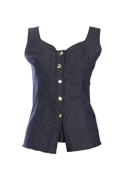 Ysatis Minimalist Crop Denim Yelek - Kolsuz, Düğmeli, Günlük - 2