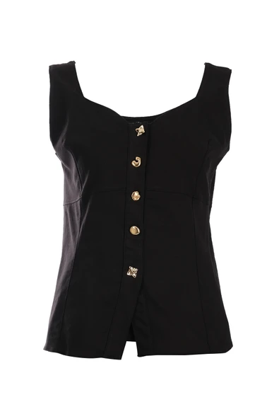 Ysatis Minimalist Crop Denim Yelek - Kolsuz, Düğmeli, Günlük - 3