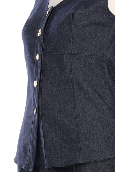 Ysatis Minimalist Crop Denim Yelek - Kolsuz, Düğmeli, Günlük - 5