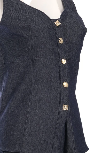 Ysatis Minimalist Crop Denim Yelek - Kolsuz, Düğmeli, Günlük - 4