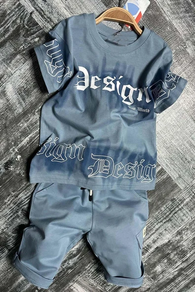 Erkek Çocuk Bisiklet Yaka Gradyan Renk Geçişli Design Mavi Şortlu Takım ürün görseli