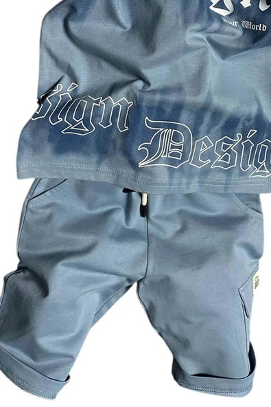 Erkek Çocuk Bisiklet Yaka Gradyan Renk Geçişli Design Mavi Şortlu Takım - Resim 5