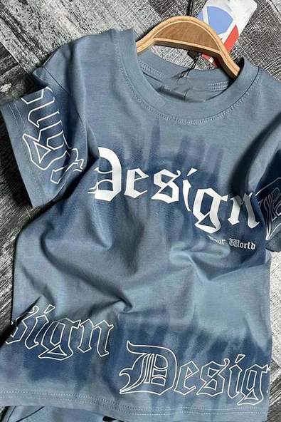 Erkek Çocuk Bisiklet Yaka Gradyan Renk Geçişli Design Mavi Şortlu Takım - Resim 2