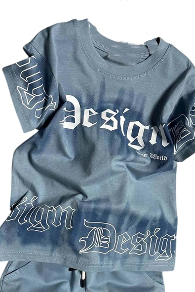 Erkek Çocuk Bisiklet Yaka Gradyan Renk Geçişli Design Mavi Şortlu Takım - Resim 4