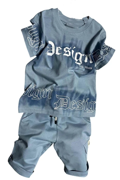 Erkek Çocuk Bisiklet Yaka Gradyan Renk Geçişli Design Mavi Şortlu Takım - Resim 3