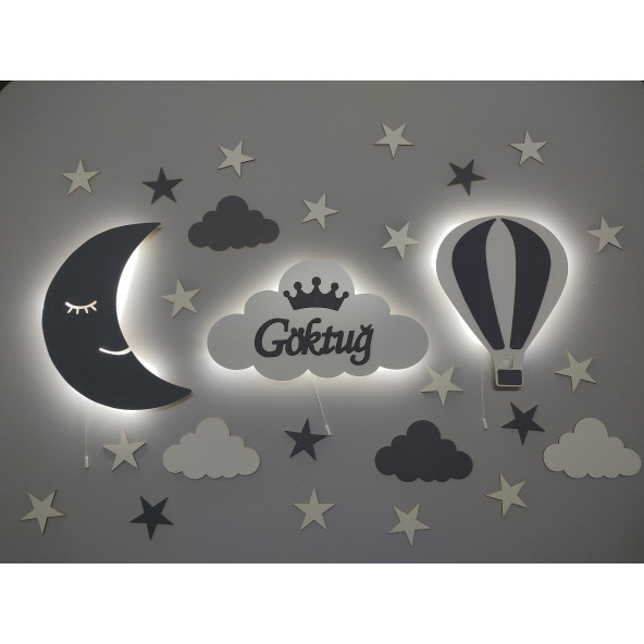 Dekoratif Ahşap 3'lü Set Aydede İsimli Bulut Balon Aydınlatma