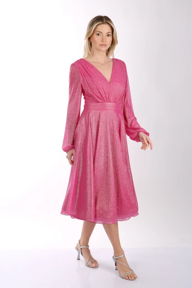 DORİDORCA V Yaka Uzun Kollu Simli Kumaş Midi Boy Kloş Kadın Abiye Elbise 231KB5079 - 4