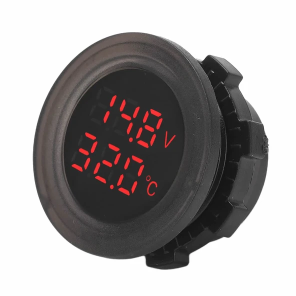 Yuvarlak Voltmetre Termometre 12V 24V Panel Tip Montaj Dijital Kırmızı Renk Led Sıcaklık Isı Voltaj - Resim 7