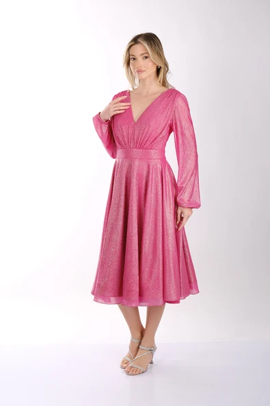 DORİDORCA V Yaka Uzun Kollu Simli Kumaş Midi Boy Kloş Kadın Abiye Elbise 231KB5079 - 5