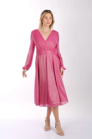 DORİDORCA V Yaka Uzun Kollu Simli Kumaş Midi Boy Kloş Kadın Abiye Elbise 231KB5079 - 3