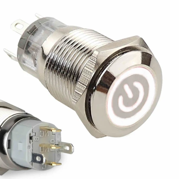16mm Metal Buton Beyaz Power Sembol Led Işıklı Panel Montaj Düz Kafa Kilitlemeli DC 6A 12V IP67 Düğm - 3