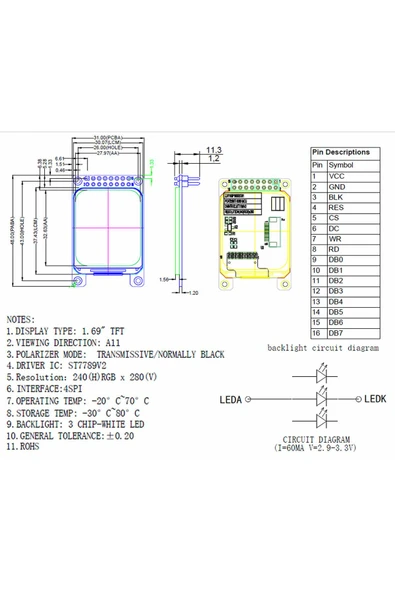 1.69 inç Lcd Tft Modül Yuvarlak Köşe ST7789V2 16 Pin SPI 8080 Paralel 240x280 Piksel Akıllı Saat - 4