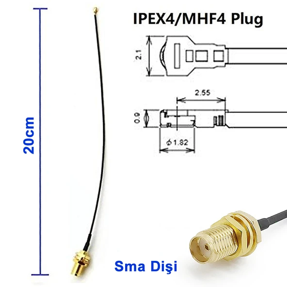 20cm Sma Dişi Ipex4 Mhf4 Rf Bağlantı Kablosu SMA Dişi Soket to Altın Kaplama Konnektör Koaksiyel Kab - Resim 3