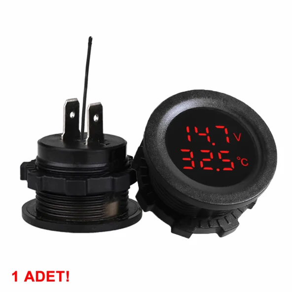 Yuvarlak Voltmetre Termometre 12V 24V Panel Tip Montaj Dijital Kırmızı Renk Led Sıcaklık Isı Voltaj - Resim 6