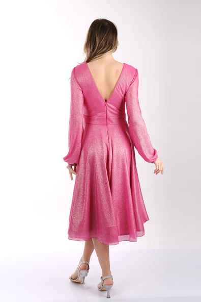 DORİDORCA V Yaka Uzun Kollu Simli Kumaş Midi Boy Kloş Kadın Abiye Elbise 231KB5079 - 6