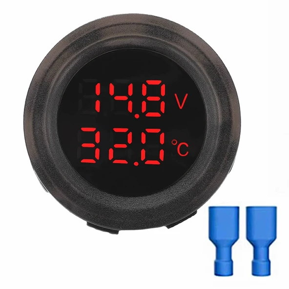 Yuvarlak Voltmetre Termometre 12V 24V Panel Tip Montaj Dijital Kırmızı Renk Led Sıcaklık Isı Voltaj