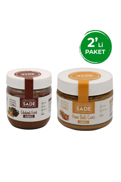 Sade Organik Çikolatalı Fıstık Ezmesi 360g - Ham Ballı Ceviz Ezmesi 280g 2'li Paket