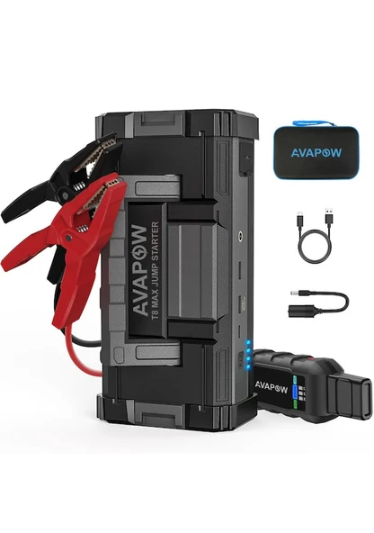 Avapow A68 32000mAh 6000A Zorla Çalıştırma İşlevli (2V'den Düşük Aküyü Çalıştıran) Jump Starter Taşınabilir Akü Takviye Kiti (Powerbank-Çift USB Portu + LED Işık)