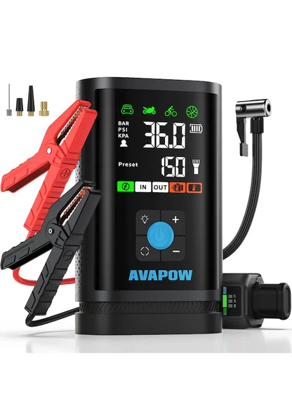 Avapow JP3 16000mAh 3000A Zorla Çalıştırma İşlevli & Lastik Şişirme Pompalı Jump Starter Taşınabilir Akü Takviye Kiti (Powerbank-PD30W + LCD + LED Işık)