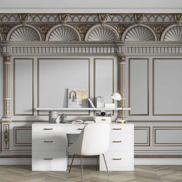 3D Saray Beyaz Panel Altın Motif Duvar Kağıdı Baskı - Resim 4