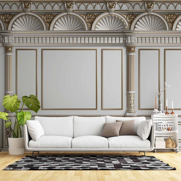 3D Saray Beyaz Panel Altın Motif Duvar Kağıdı Baskı ürün görseli