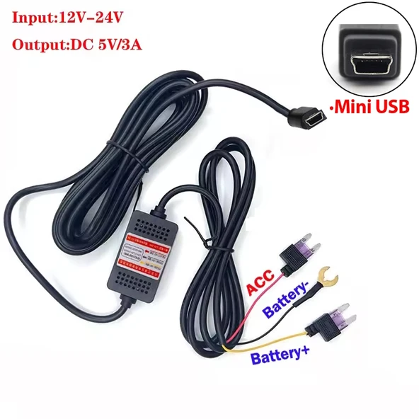 Araç İçi Kamera Adaptörü 12-24V/5V  Mini USB 3A Park Modu Adaptör - 4