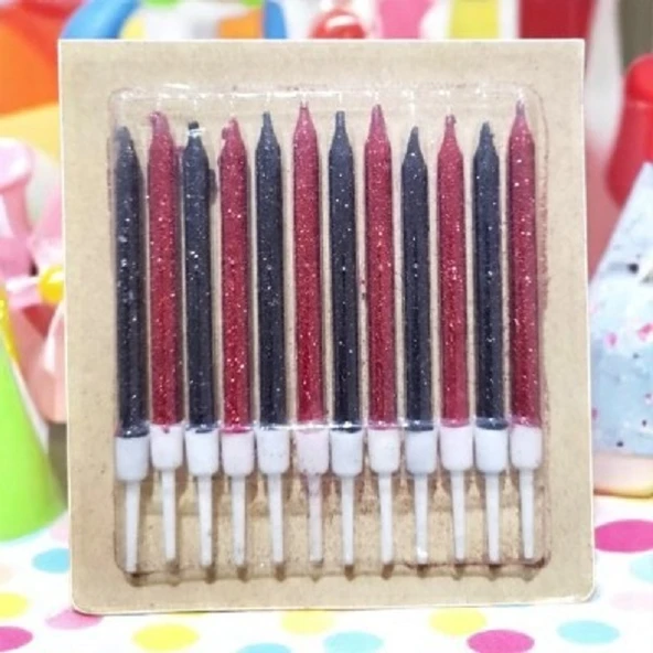 DOĞUM GÜNÜ PASTA MUMU KIRMIZI SİYAH 12 ADET SİMLİ  MUM 10 CM KUTLAMA MUMU
