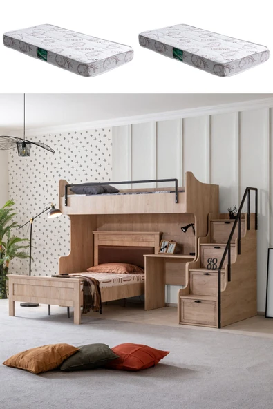 Ranza, Polo Çift Kişilik Çalışma Masalı Ceviz Ranza + 2 Adet Comfort Yatak
