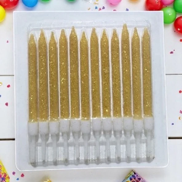 DOĞUM GÜNÜ PASTA MUMU GOLD 12 ADET SİMLİ MUM 10 CM KUTLAMA MUMU