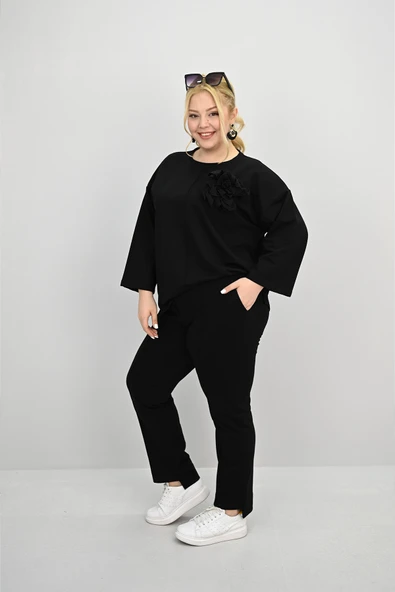 Kadın Büyük Beden Uzun Kollu Çiçek Aksesuarlı Eşofman Takımı 8182-25 - 3