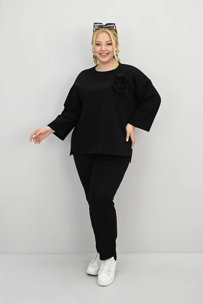 Kadın Büyük Beden Uzun Kollu Çiçek Aksesuarlı Eşofman Takımı 8182-25 - 2