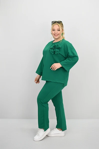 Kadın Büyük Beden Uzun Kollu Çiçek Aksesuarlı Eşofman Takımı 8182-25 - 11