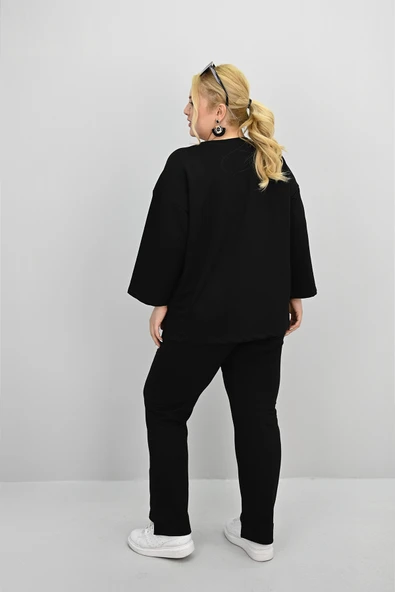 Kadın Büyük Beden Uzun Kollu Çiçek Aksesuarlı Eşofman Takımı 8182-25 - 5