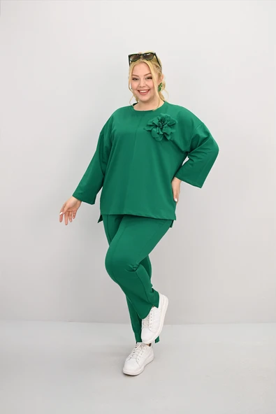 Kadın Büyük Beden Uzun Kollu Çiçek Aksesuarlı Eşofman Takımı 8182-25 - 10