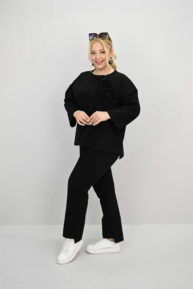 Kadın Büyük Beden Uzun Kollu Çiçek Aksesuarlı Eşofman Takımı 8182-25 - 4