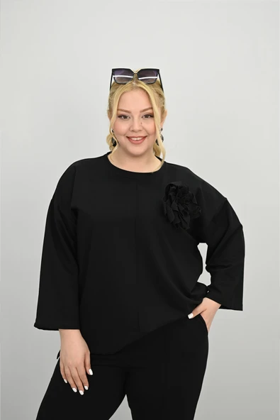 Kadın Büyük Beden Uzun Kollu Çiçek Aksesuarlı Eşofman Takımı 8182-25 - 6