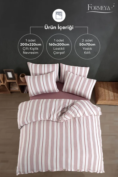 Formeya Düğmeli Lastikli Çarşaflı Pamuklu İpliği Boyalı Çift Kişilik Nevresim Takımı (2 Adet Yastık Kılıflı) - 6