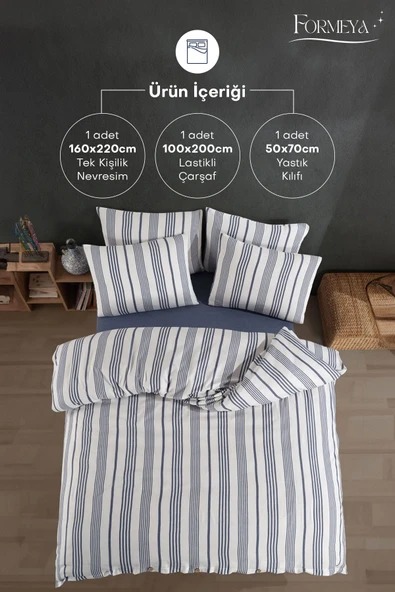 Formeya Düğmeli Lastikli Çarşaflı Pamuklu İpliği Boyalı Tek Kişilik Nevresim Takımı (1 Adet Yastık Kılıflı) - 10