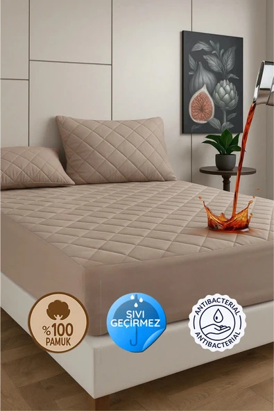 Pamukkale Renkli Alez Kahverengi %100 Pamuk Kapitone Sıvı Geçirmez Alez Çarşaf Fitted (16 Ebat)