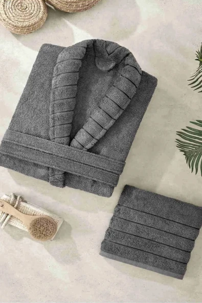 Formeya Havlulu Bornoz Seti Çizgili Şalyaka Bornoz Seti