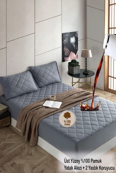 Formeya Pamukkale Alez Set Pudra Kapitone Sıvı Geçirmez Yatak Koruyucu-2 Adet Yastık Koruyucu (11 Ebat) - 9