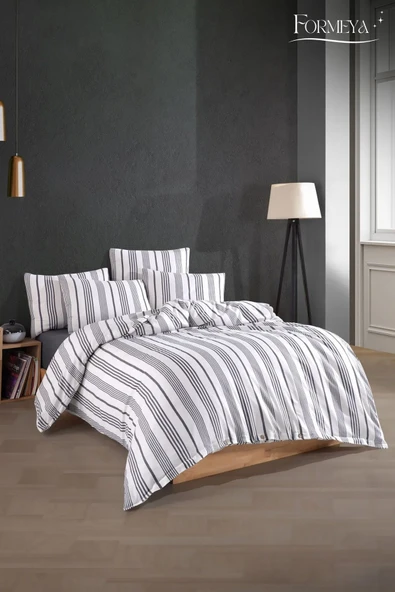 Formeya Düğmeli Lastikli Çarşaflı Pamuklu İpliği Boyalı Çift Kişilik Nevresim Takımı (2 Adet Yastık Kılıflı) - 9