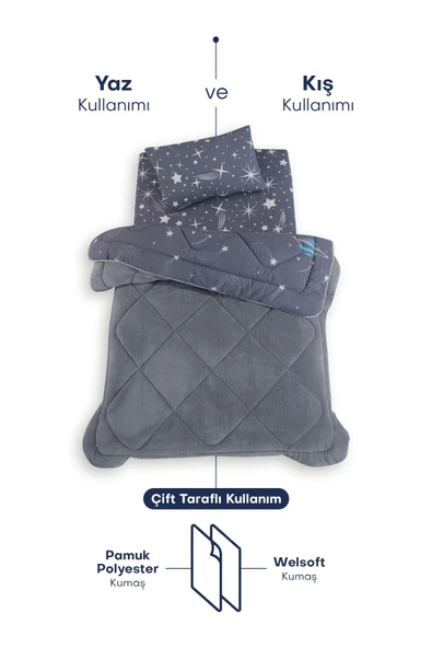 Formeya Astronot Desenli Tek Kişilik Çift Taraflı Wellsoft Yorgan ve Yastık Kılıfı Seti (Çarşafsız) - 4