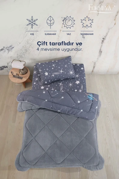Tek Kişilik Çarşaflı Astronot Desenli Çift Taraflı Wellsoft Uyku Seti (Yorgan+Çarşaf+Yastık Kılıfı) - 4